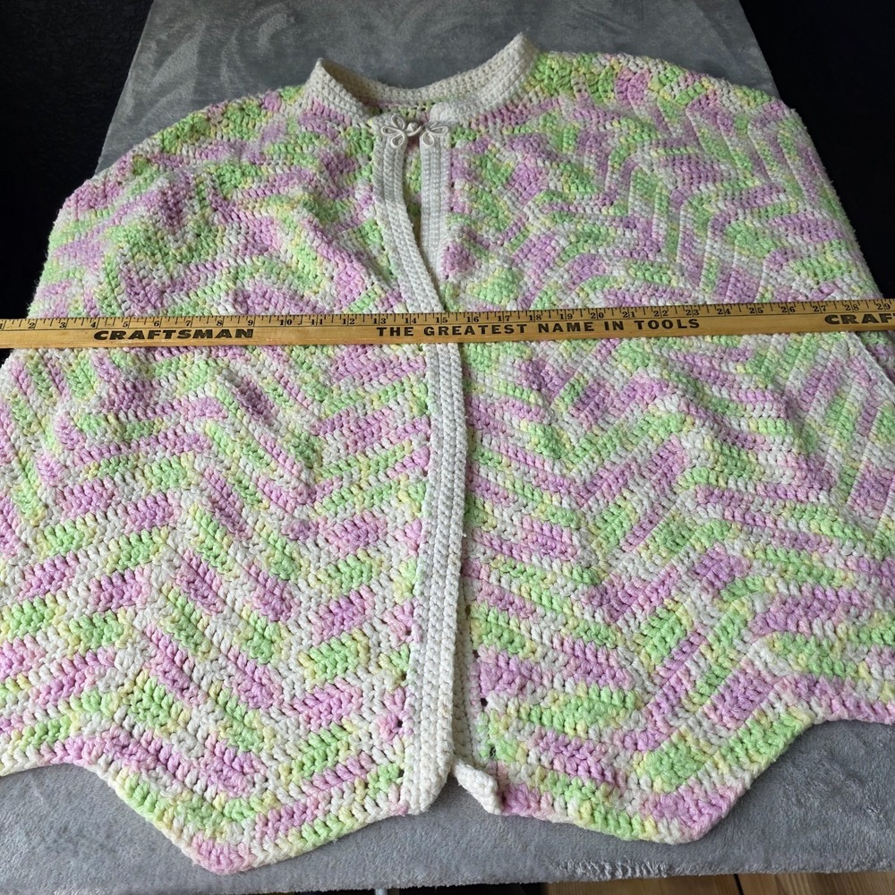Hand Knit Crochet Sweater Poncho Women OS Green Pink Cottagecore Granny - Picture 3 of 4